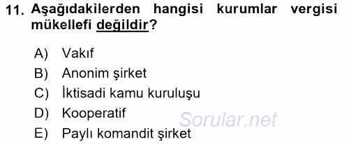 Özel Vergi Hukuku 1 2017 - 2018 3 Ders Sınavı 11.Soru