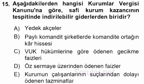 Özel Vergi Hukuku 1 2017 - 2018 3 Ders Sınavı 15.Soru
