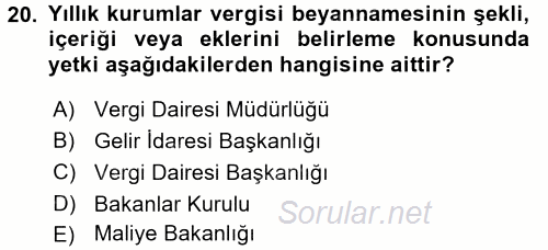 Özel Vergi Hukuku 1 2017 - 2018 3 Ders Sınavı 20.Soru