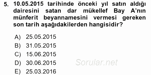 Özel Vergi Hukuku 1 2017 - 2018 3 Ders Sınavı 5.Soru
