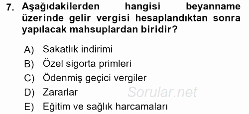 Özel Vergi Hukuku 1 2017 - 2018 3 Ders Sınavı 7.Soru