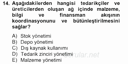 Lojistik Yönetimi 2013 - 2014 Tek Ders Sınavı 14.Soru