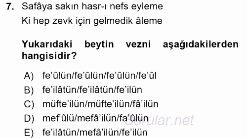 Eski Türk Edebiyatına Giriş: Biçim ve Ölçü 2016 - 2017 Dönem Sonu Sınavı 7.Soru