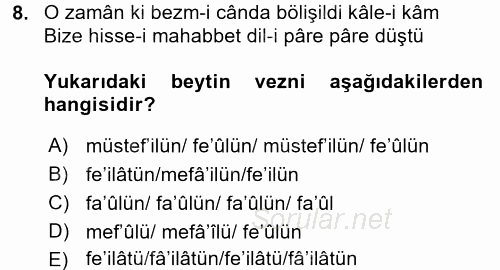 Eski Türk Edebiyatına Giriş: Biçim ve Ölçü 2016 - 2017 Dönem Sonu Sınavı 8.Soru