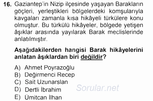 Halk Hikayeleri 2013 - 2014 Ara Sınavı 16.Soru