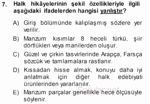 Halk Hikayeleri 2013 - 2014 Ara Sınavı 7.Soru