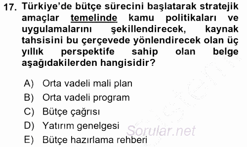 Kamu Mali Yönetimi 2016 - 2017 Ara Sınavı 17.Soru
