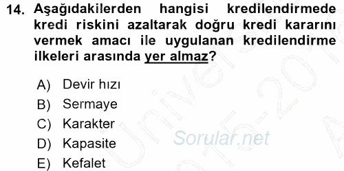 Bankalarda Kredi Yönetimi 2015 - 2016 Ara Sınavı 14.Soru