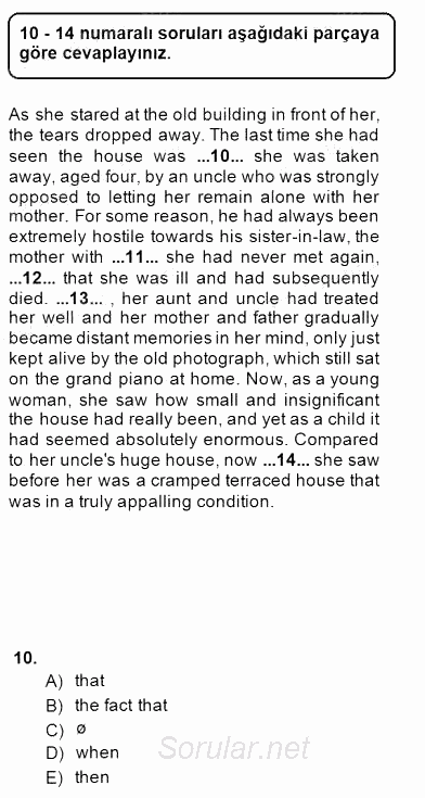 Bağlamsal Dilbilgisi 4 2014 - 2015 Dönem Sonu Sınavı 10.Soru