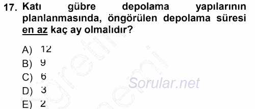 Tarımsal Yapılar ve Sulama 2014 - 2015 Ara Sınavı 17.Soru