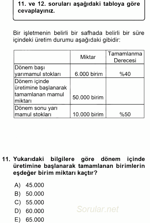 Maliyet Analizleri 2016 - 2017 Dönem Sonu Sınavı 11.Soru