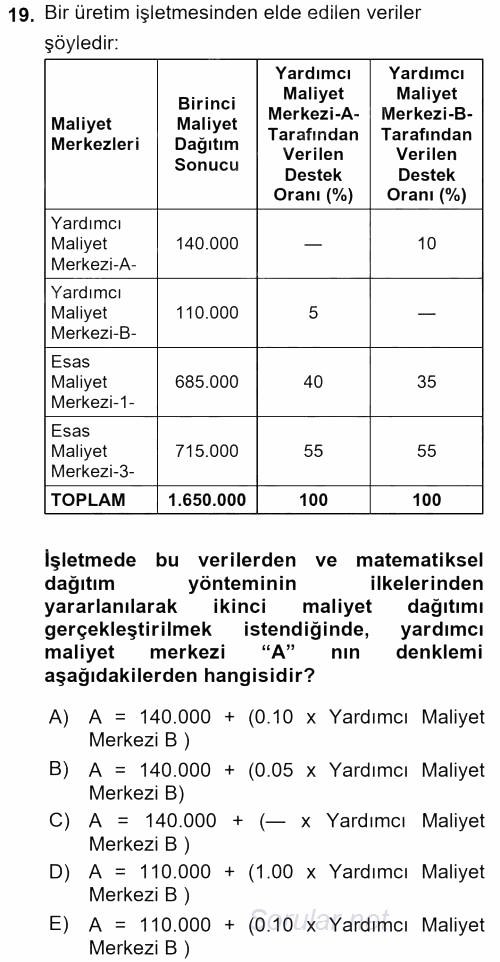 Maliyet Analizleri 2016 - 2017 Dönem Sonu Sınavı 19.Soru