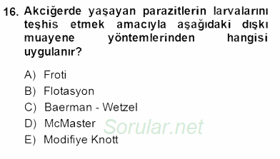 Temel Veteriner Parazitoloji 2014 - 2015 Dönem Sonu Sınavı 16.Soru