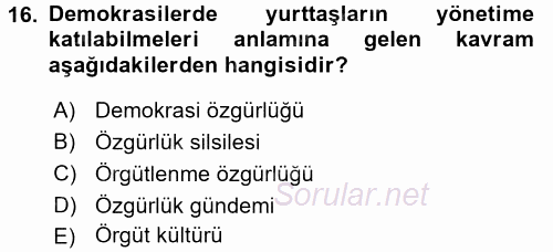 Medya Siyaset Kültür 2017 - 2018 3 Ders Sınavı 16.Soru