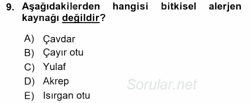 Besin Güvenliği ve Hijyen 2017 - 2018 Ara Sınavı 9.Soru