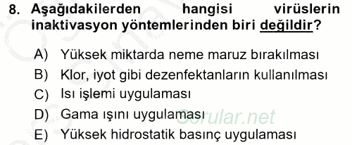 Gıda Güvenliğinin Temel Prensipleri 2016 - 2017 3 Ders Sınavı 8.Soru