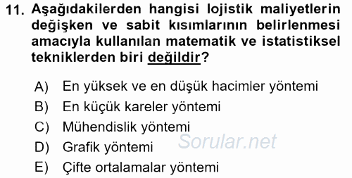 Lojistik Maliyetleri ve Raporlama 2 2015 - 2016 Tek Ders Sınavı 11.Soru