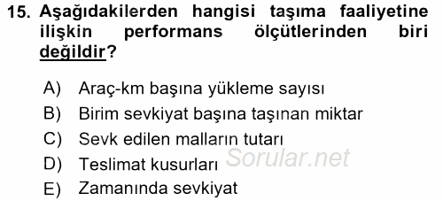 Lojistik Maliyetleri ve Raporlama 2 2015 - 2016 Tek Ders Sınavı 15.Soru