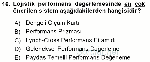 Lojistik Maliyetleri ve Raporlama 2 2015 - 2016 Tek Ders Sınavı 16.Soru