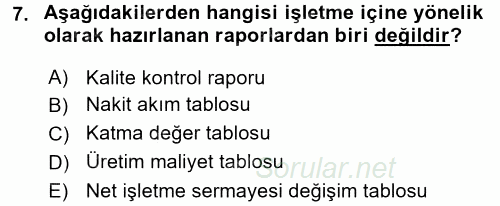 Lojistik Maliyetleri ve Raporlama 2 2015 - 2016 Tek Ders Sınavı 7.Soru
