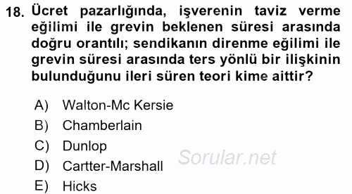 Çalışma Ekonomisi 2015 - 2016 Tek Ders Sınavı 18.Soru