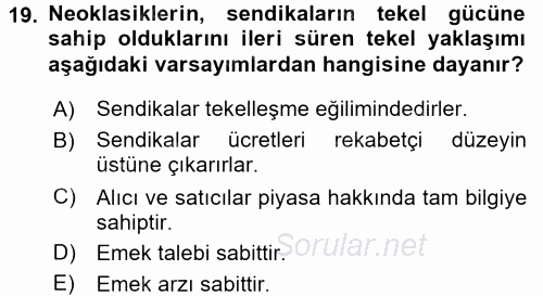 Çalışma Ekonomisi 2015 - 2016 Tek Ders Sınavı 19.Soru