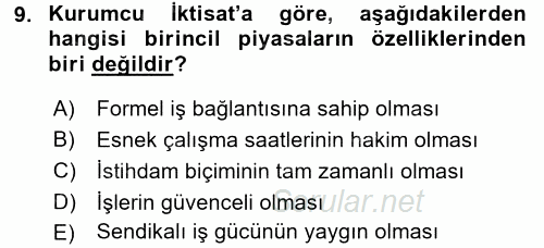 Çalışma Ekonomisi 2015 - 2016 Tek Ders Sınavı 9.Soru