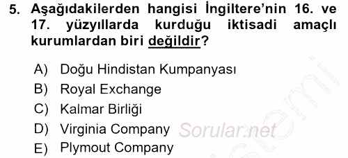 Orta Çağ-Yeni Çağ Avrupa Tarihi 2015 - 2016 Dönem Sonu Sınavı 5.Soru