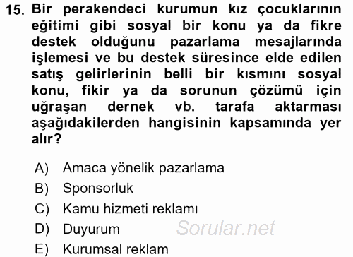 Perakende Yönetimi 2015 - 2016 Dönem Sonu Sınavı 15.Soru