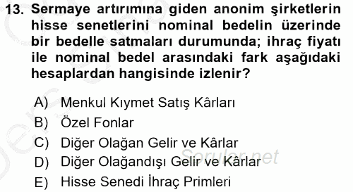 Şirketler Muhasebesi 2016 - 2017 3 Ders Sınavı 13.Soru