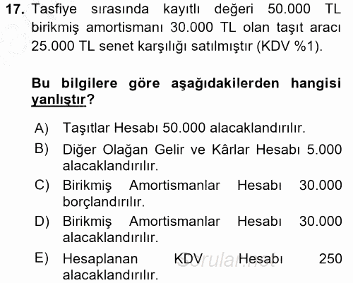 Şirketler Muhasebesi 2016 - 2017 3 Ders Sınavı 17.Soru