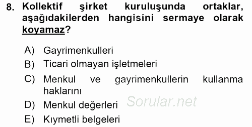 Şirketler Muhasebesi 2016 - 2017 3 Ders Sınavı 8.Soru