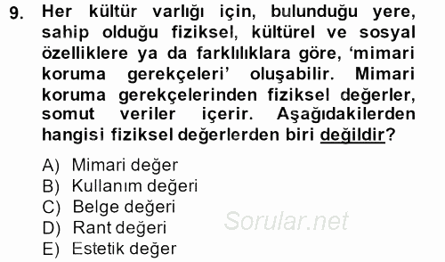 Arkeolojik Alan Yönetimi 2013 - 2014 Dönem Sonu Sınavı 9.Soru