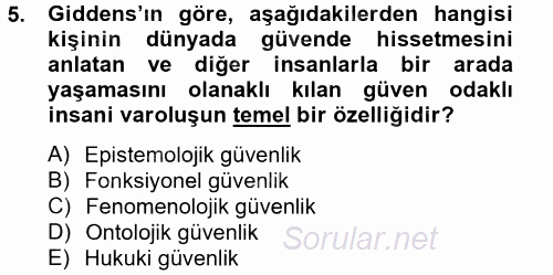 Sosyolojide Yakın Dönem Gelişmeler 2014 - 2015 Tek Ders Sınavı 5.Soru