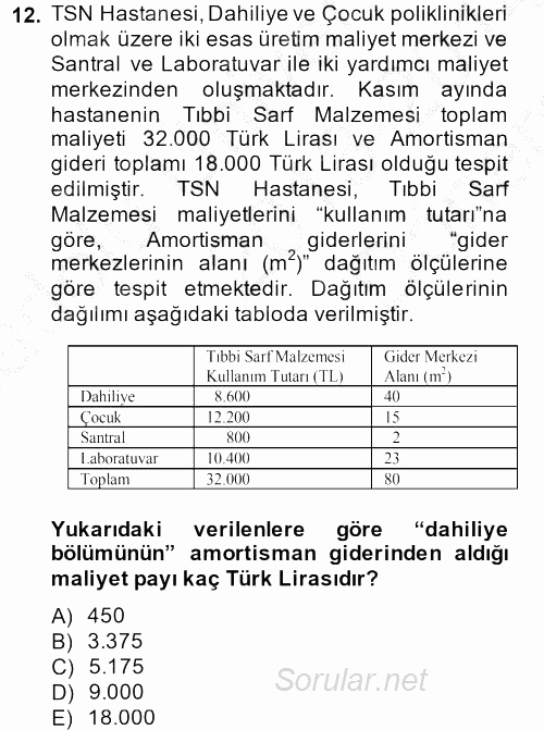 Sağlık Kurumlarında Maliyet Yönetimi 2013 - 2014 Dönem Sonu Sınavı 12.Soru