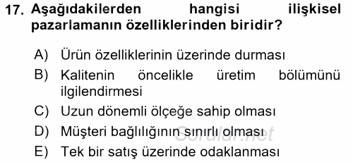 Sağlık Hizmetleri Pazarlaması 2017 - 2018 Dönem Sonu Sınavı 17.Soru