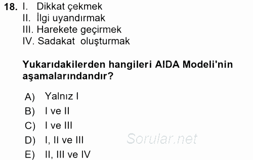 Sağlık Hizmetleri Pazarlaması 2017 - 2018 Dönem Sonu Sınavı 18.Soru