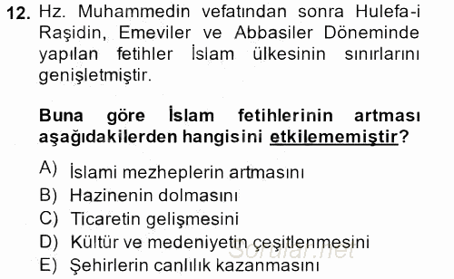İslam Tarihi ve Medeniyeti 2 2013 - 2014 Dönem Sonu Sınavı 12.Soru