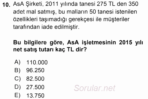 Genel Muhasebe 1 2015 - 2016 Tek Ders Sınavı 10.Soru