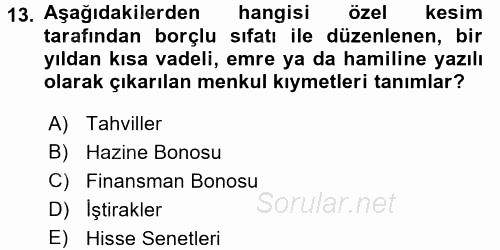 Genel Muhasebe 1 2015 - 2016 Tek Ders Sınavı 13.Soru