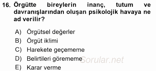 Yönetim Bilimi 2 2015 - 2016 Tek Ders Sınavı 16.Soru