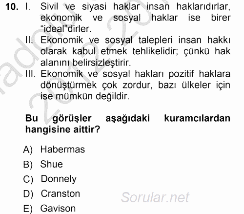 İnsan Hakları ve Demokratikleşme Süreci 2012 - 2013 Ara Sınavı 10.Soru