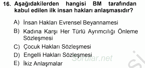 İnsan Hakları ve Demokratikleşme Süreci 2012 - 2013 Ara Sınavı 16.Soru