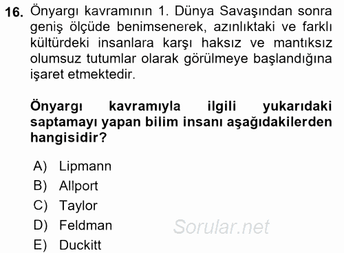 Sosyal Psikoloji 2 2017 - 2018 Ara Sınavı 16.Soru