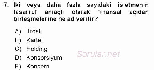 İşletme İlkeleri 2016 - 2017 Dönem Sonu Sınavı 7.Soru