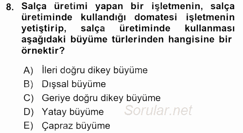 İşletme İlkeleri 2016 - 2017 Dönem Sonu Sınavı 8.Soru