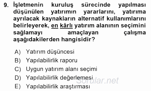 İşletme İlkeleri 2016 - 2017 Dönem Sonu Sınavı 9.Soru