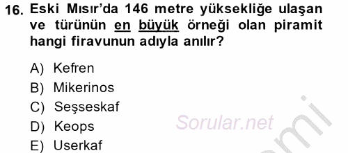 Eski Mezopotamya ve Mısır Tarihi 2014 - 2015 Dönem Sonu Sınavı 16.Soru