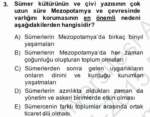 Eski Mezopotamya ve Mısır Tarihi 2014 - 2015 Dönem Sonu Sınavı 3.Soru
