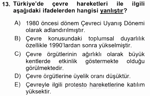 Yeni Toplumsal Hareketler 2017 - 2018 Dönem Sonu Sınavı 13.Soru